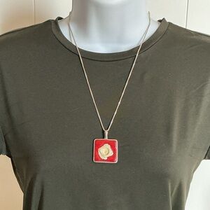 Square Ceramic & 925 Sterling Silver Pendant & Silver Tone Chain magnetic clasp